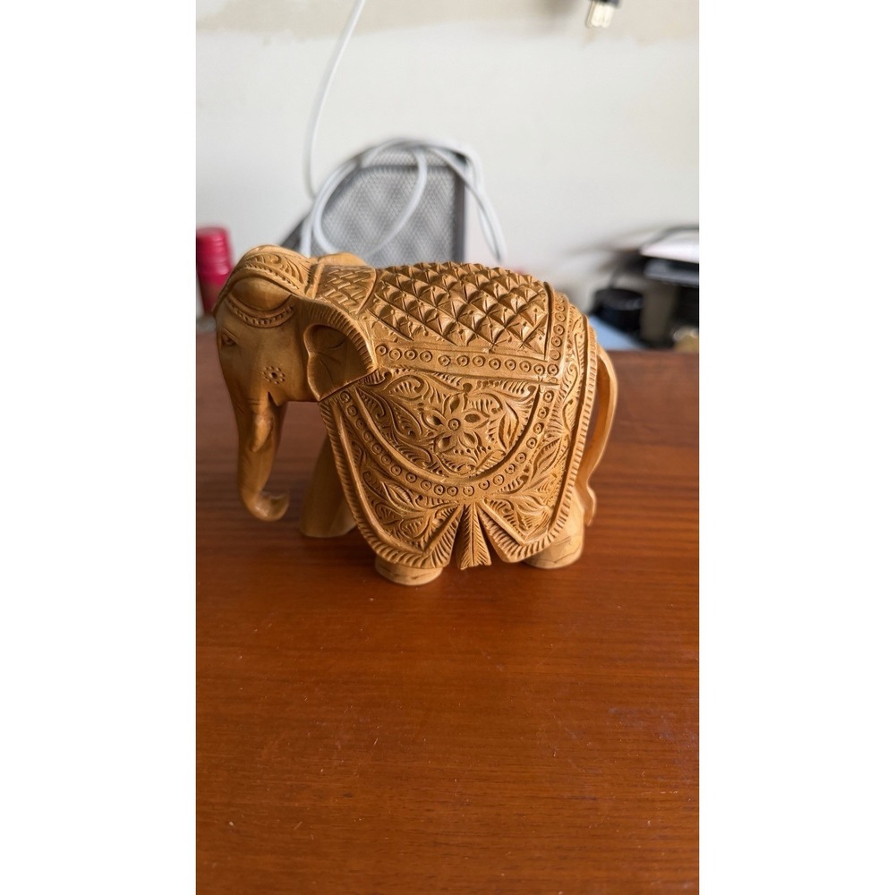 Hand Carved Wooden Elephant Figurine Detailed Indian Style 5" Decor